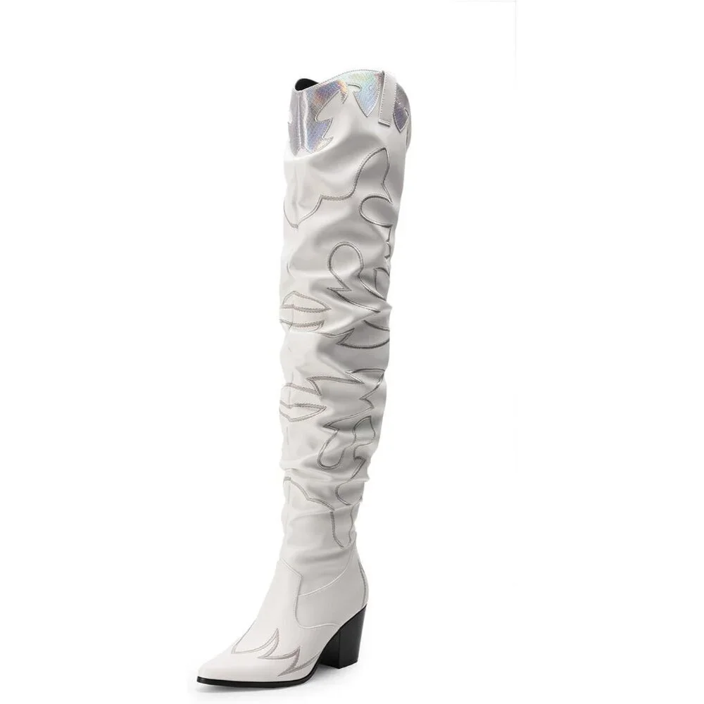 Women White Faux Suede Cowboy Boots Over The Knee Thigh High Western Boots